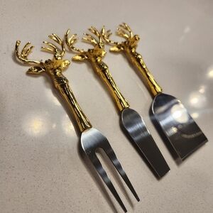 NWOT Gold Moose Reindeer Cheese Knife Fork Set Charcuterie Christmas Holiday
